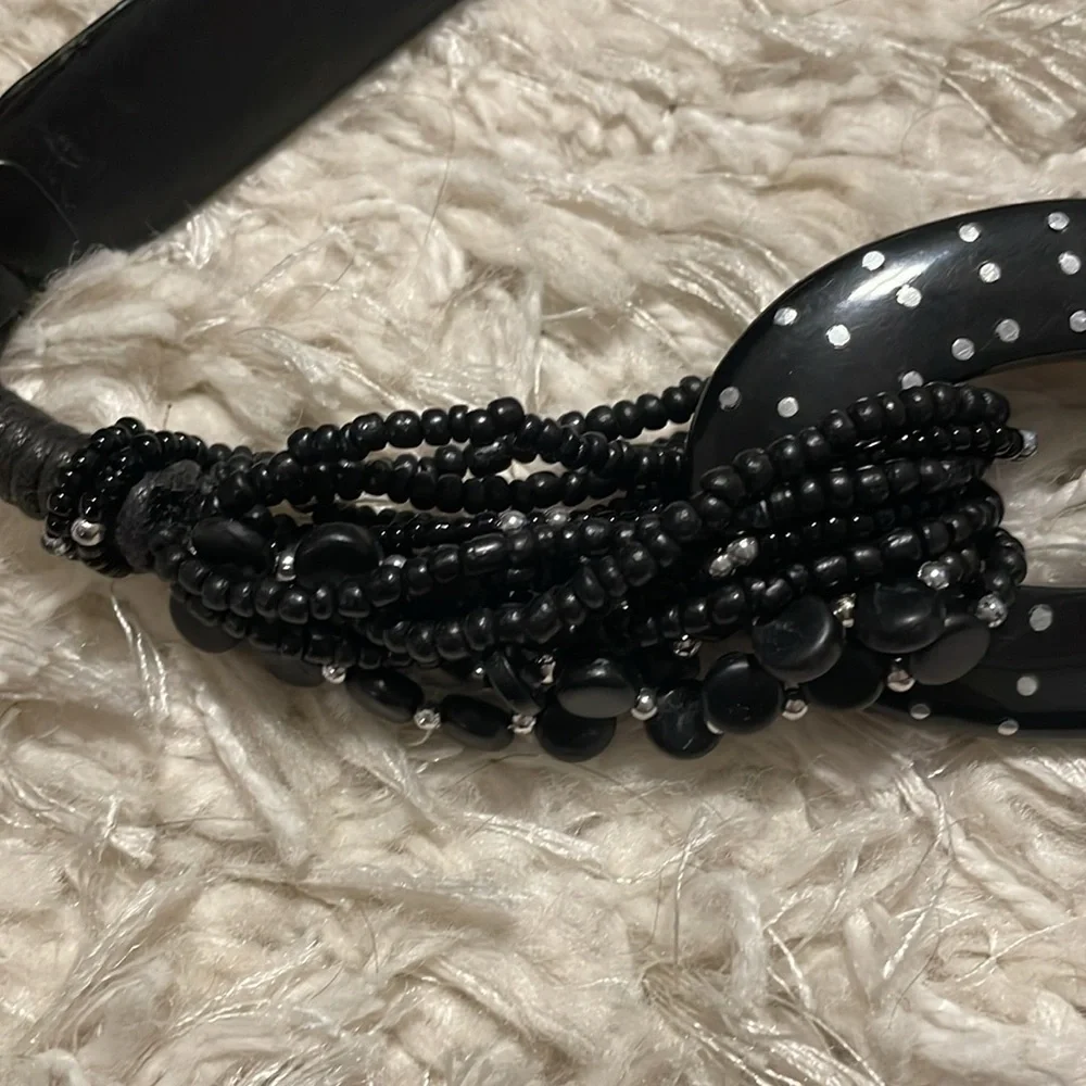 Chico's Black Silver Polka Dot Beaded Adjustable Leather Belt